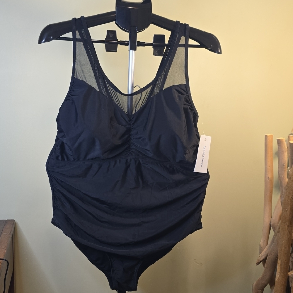 Brand New Meet.Curve Chic Black Mesh One-Piece Swimsuit- Size 2XL